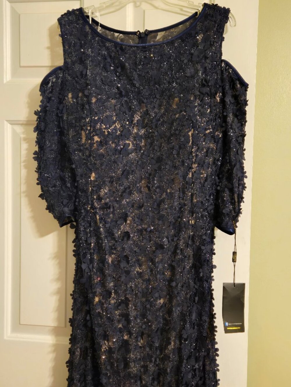 Terani Couture navy lace 3D cold shoulder evening gown 22W